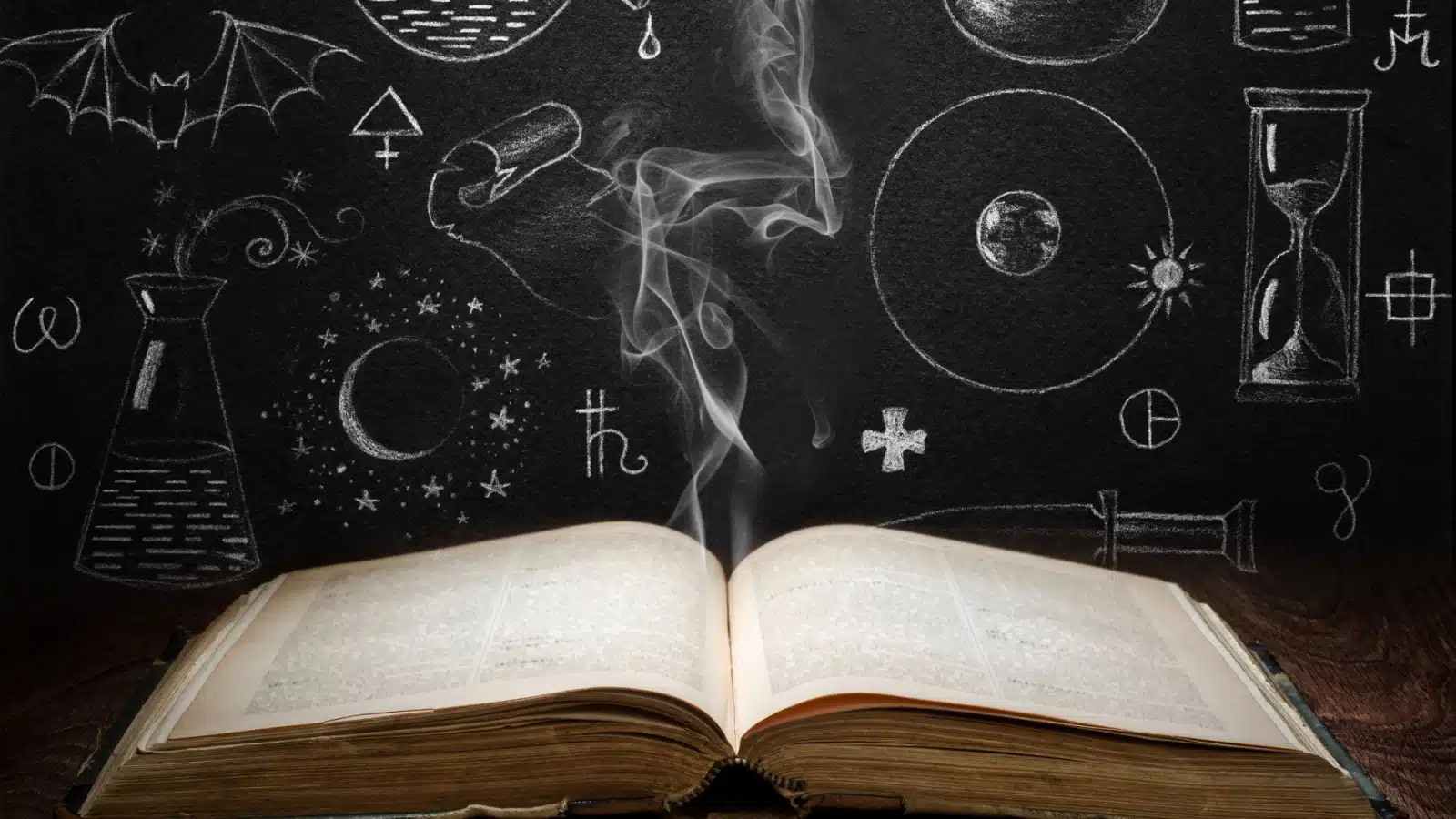 An alchemy book lies open on the table with images of spells appearing around it to represent books about witches and spellcraft. 