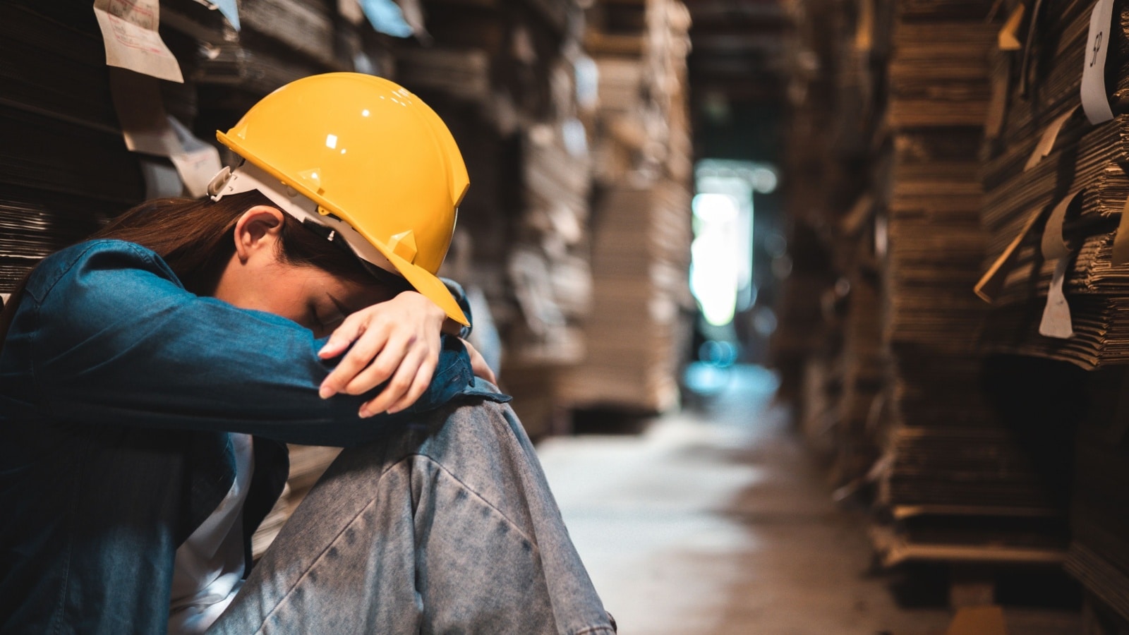 A tired, stressed worker sits on the warehouse floor hugging her knees.
