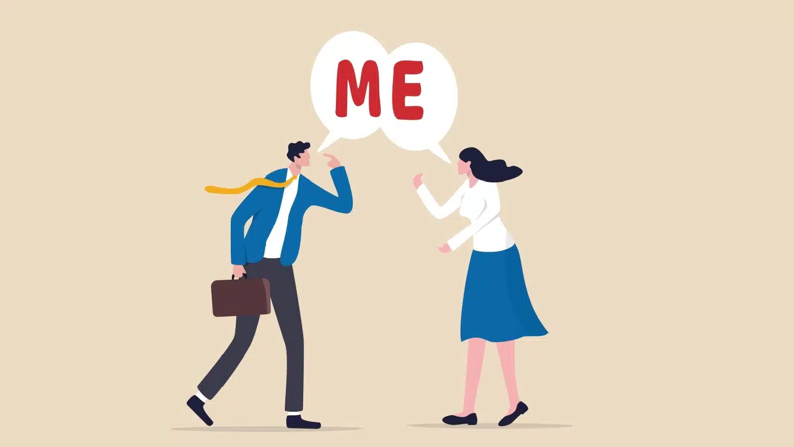 Illustration of a businessman and a woman talking over each other about themselves. They're both selfish and ego driven.