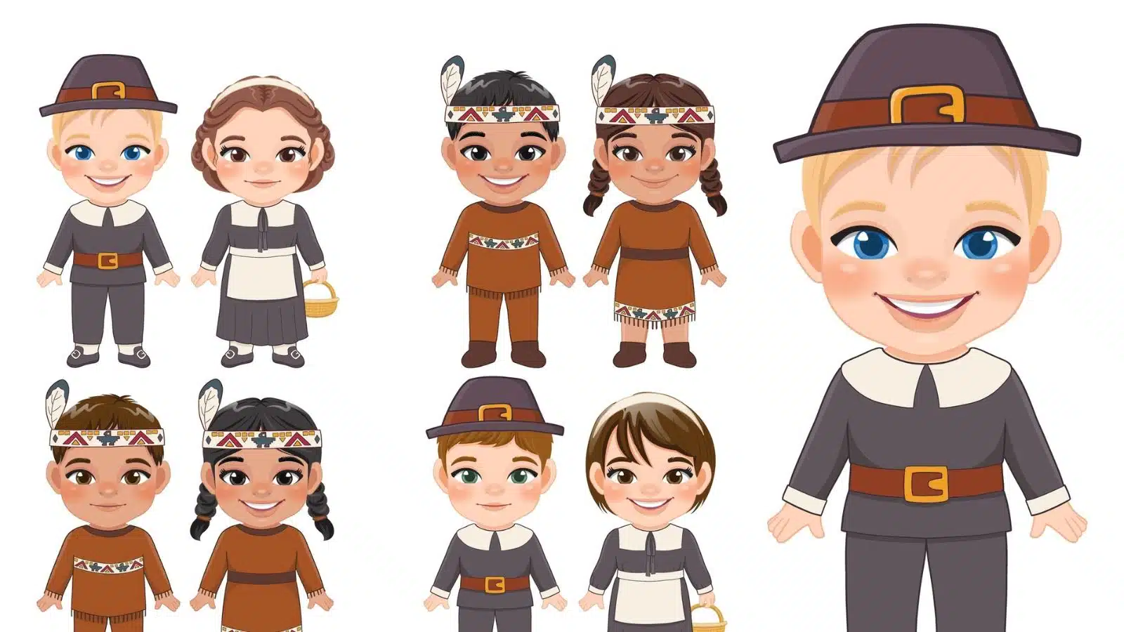 Cute cartoon drawing of Thanksgiving Pilgrims and Native Americans.