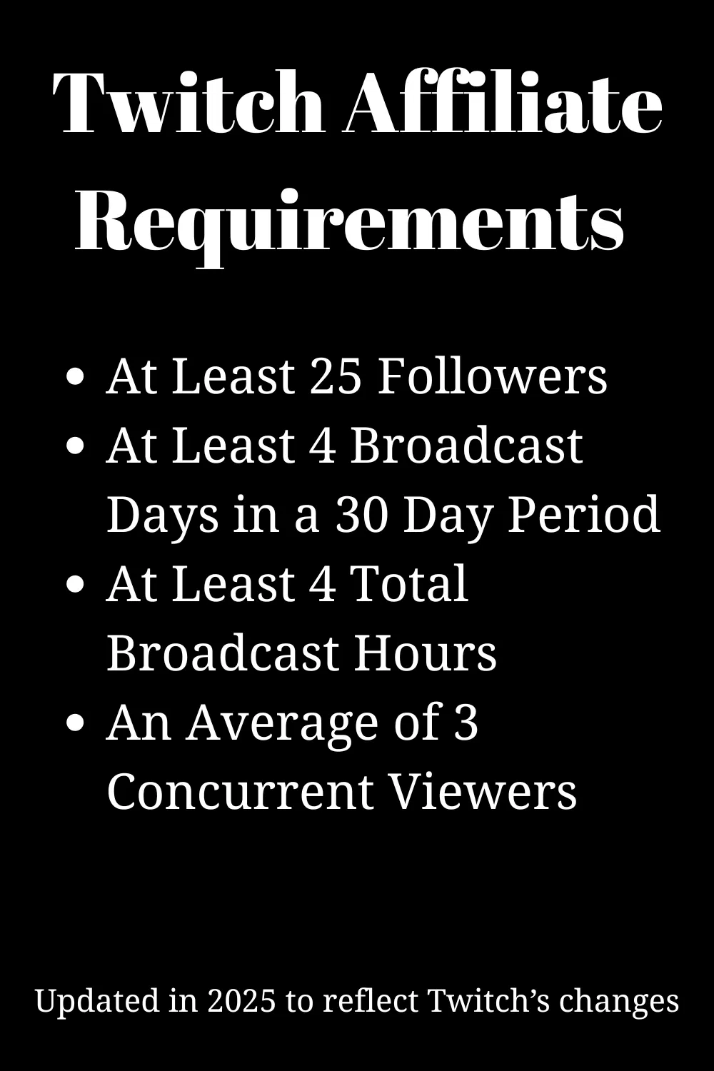 Image showcasing the requirements for becoming a Twitch Affiliate. 