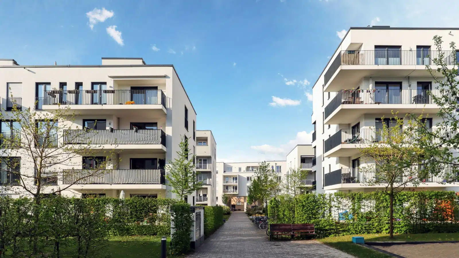 A modern looking apartment complex. 