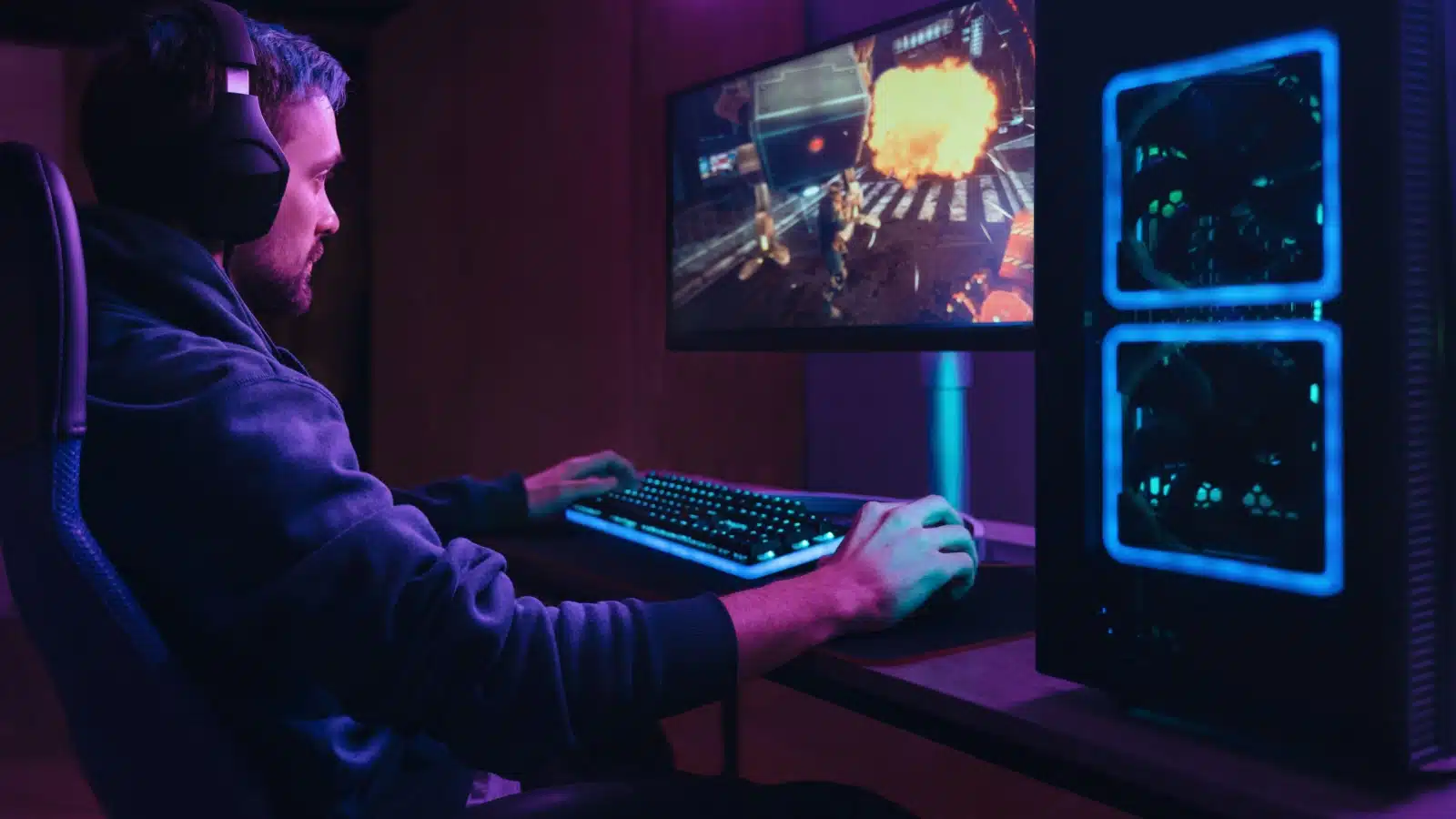 A serious man streams his game play on Twitch.