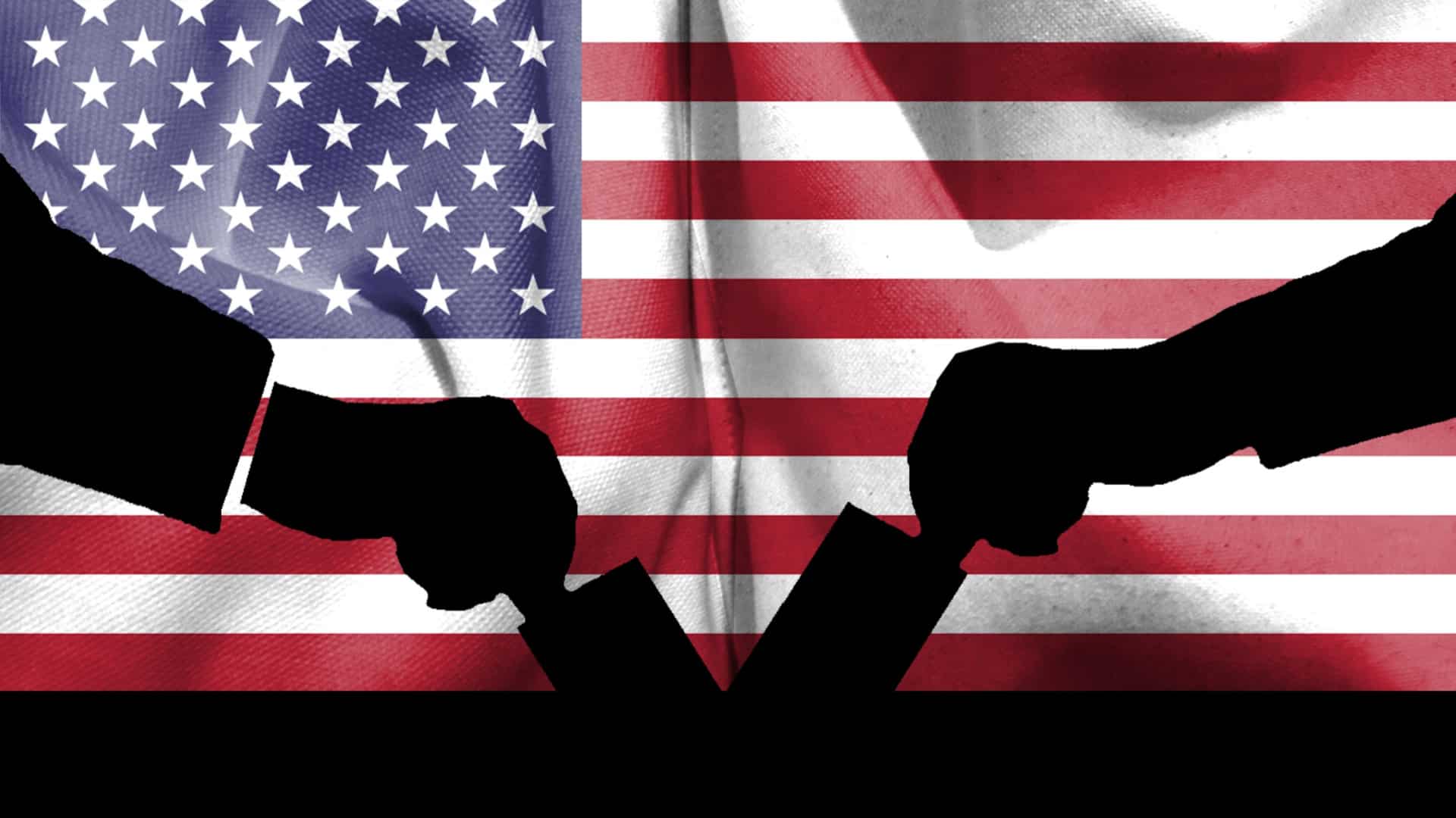 Dark graphics of hands placing their ballots in the box with the American flag as a backdrop.