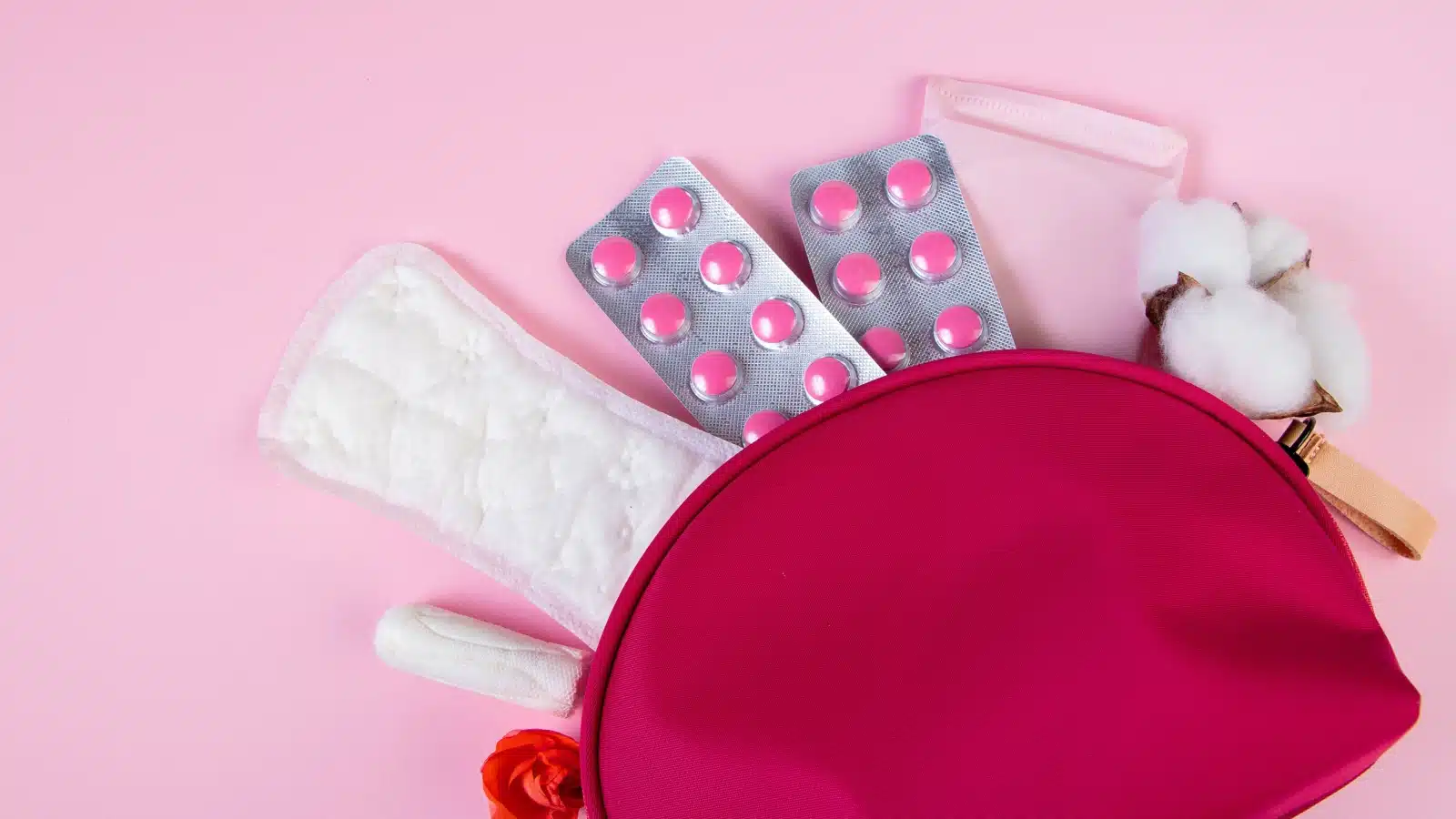 Feminine hygiene products in a pink bag.