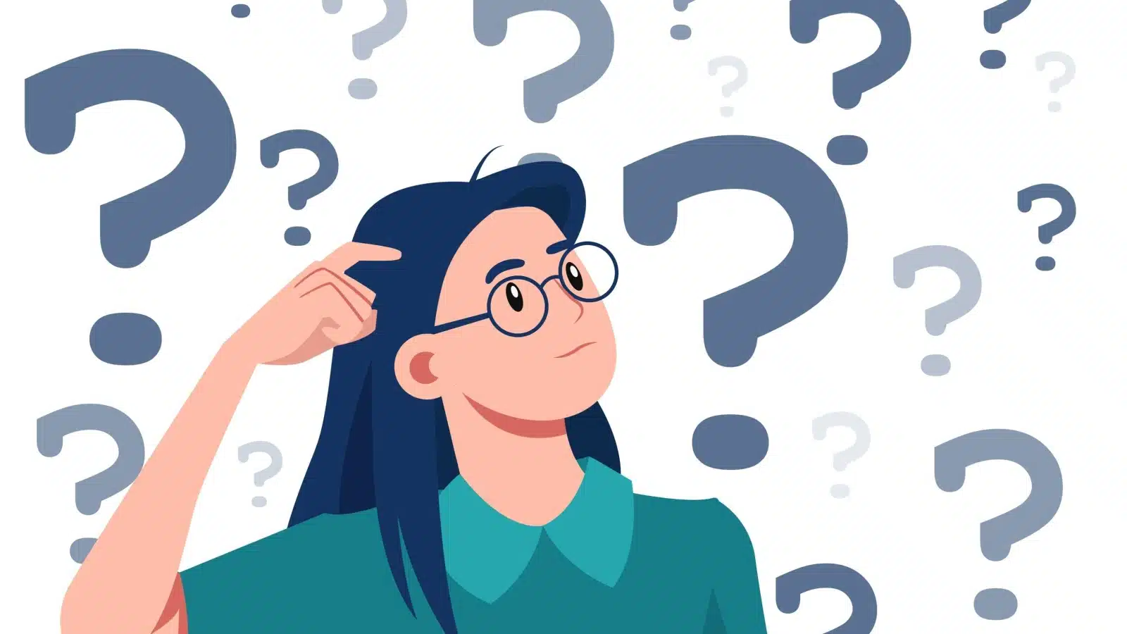 Illustration of an unsure looking woman surrounded by question marks to represent forgetfulness.