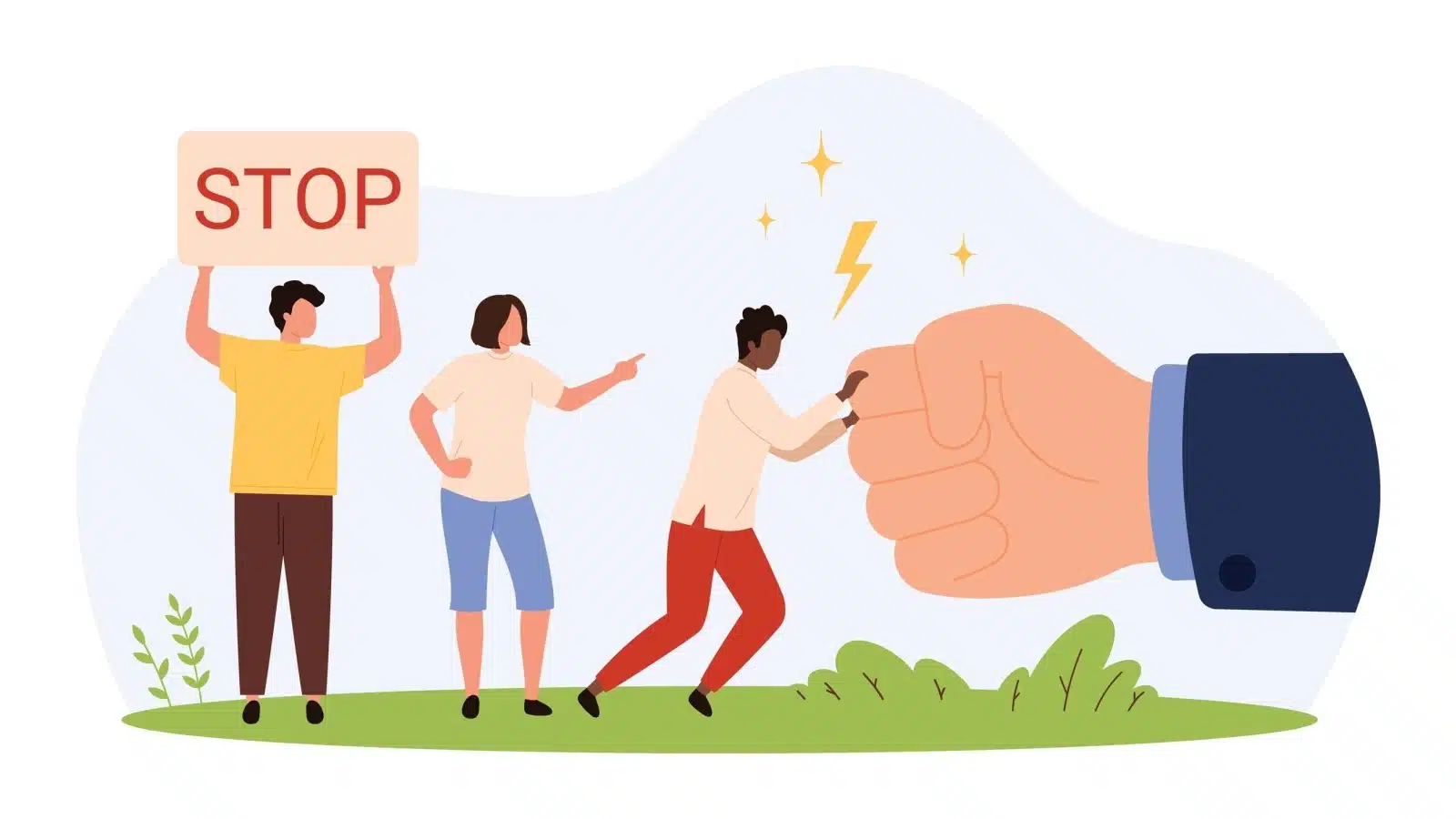 Illustration showing people standing up for what is right by fighting against a giant fist.