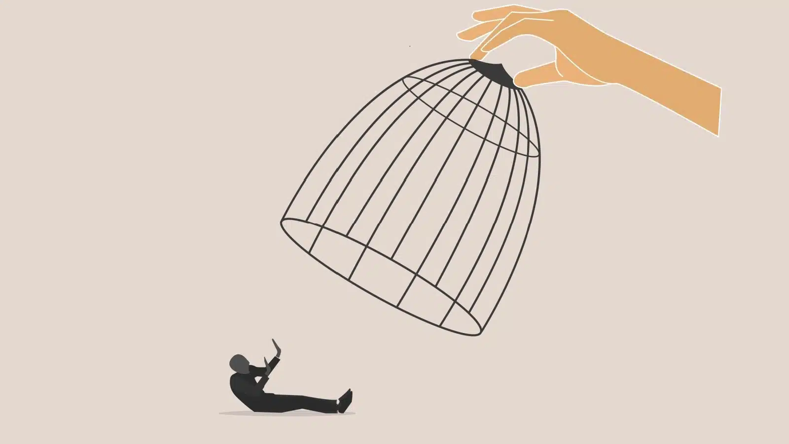 A hand captures a figure in a giant cage to represent some type of punishment.
