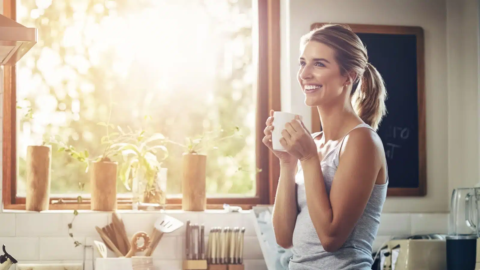 A smiling woman enjoying a morning cup of coffee in her kitchen to represent how to make the best coffee at home.