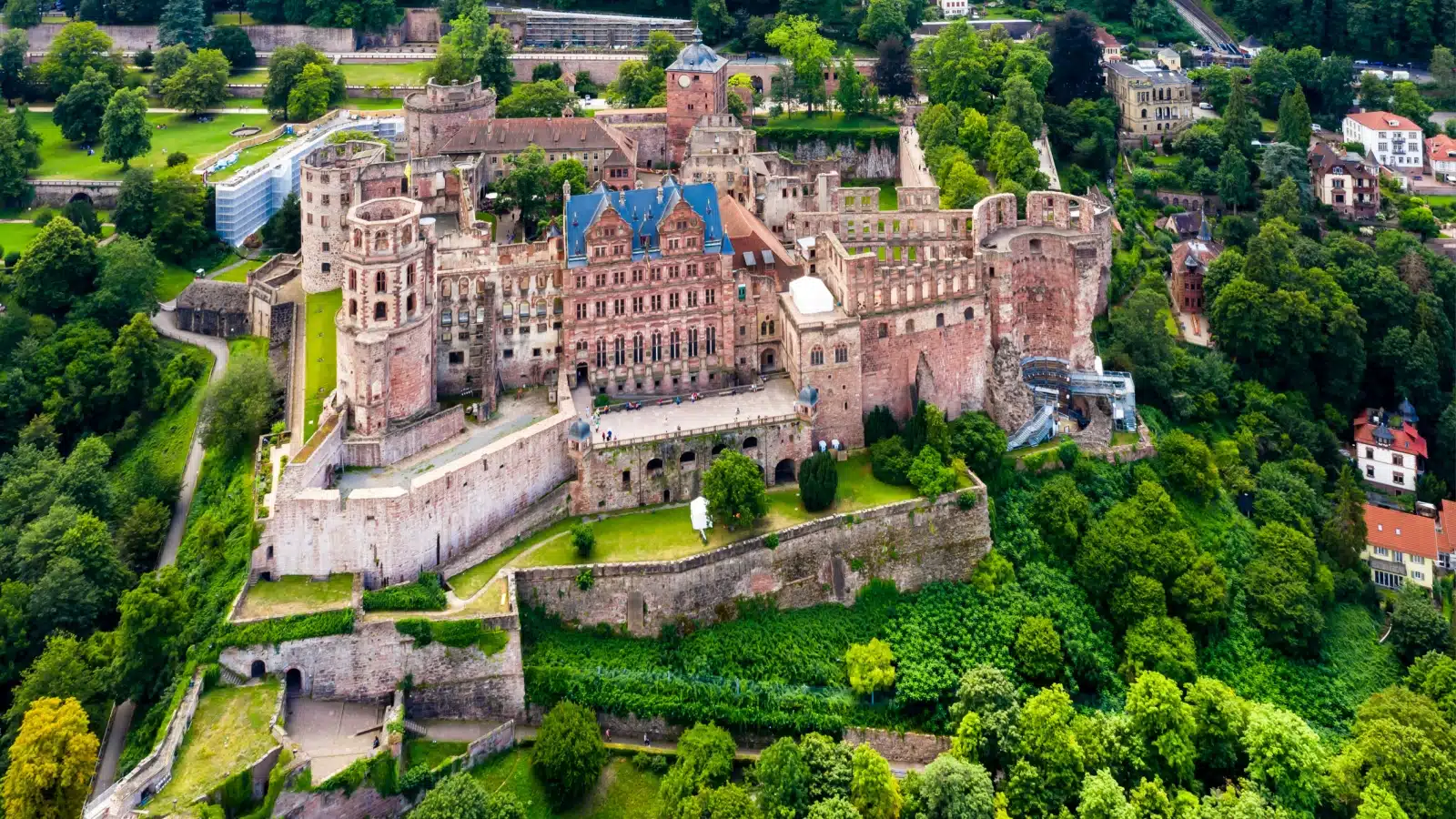 An aerial view of Heidelberg castle showcasing it's full glory.