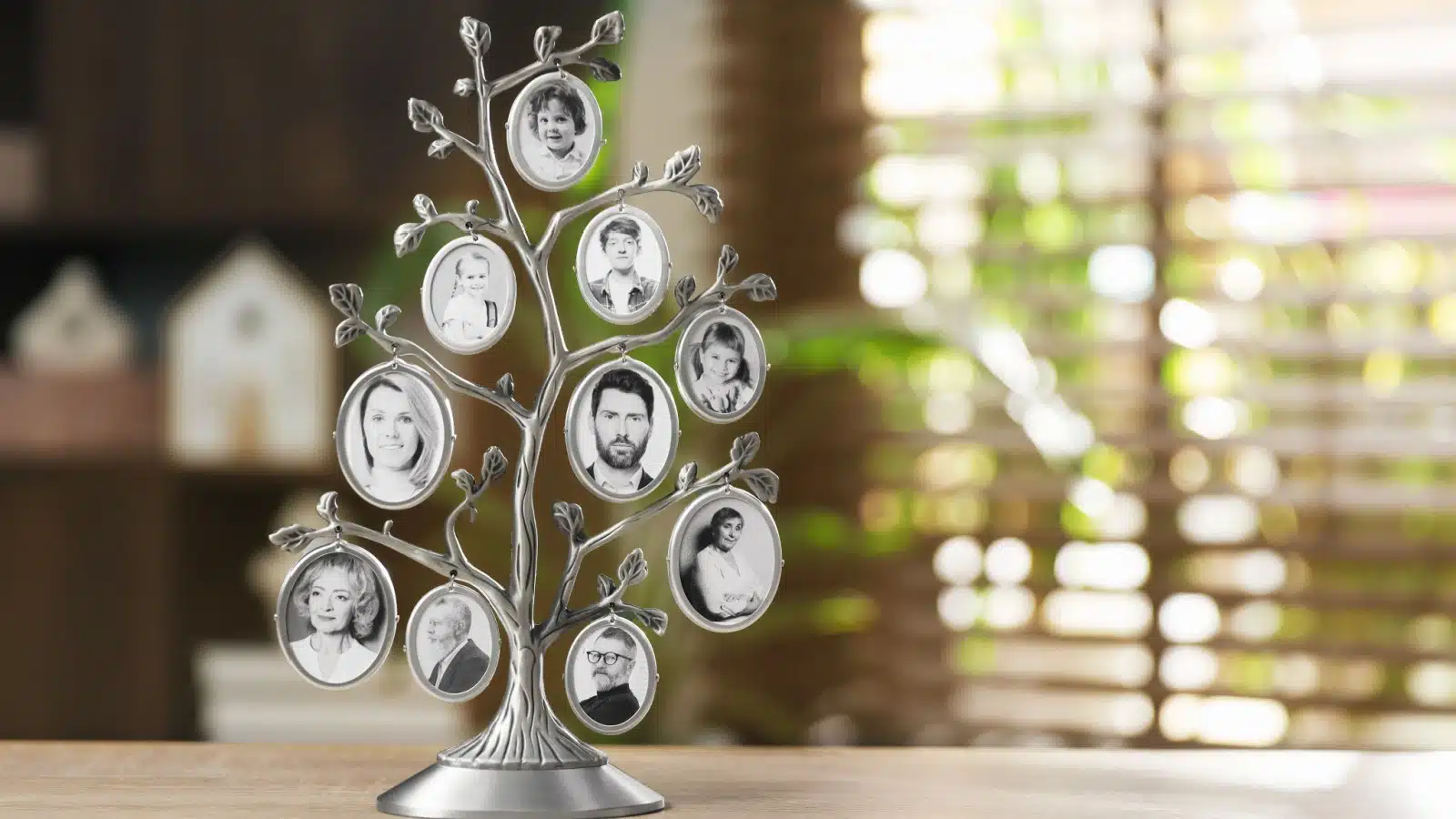 A silver family tree with pictures of family members dangling from the branches.