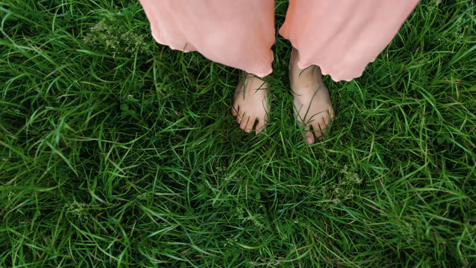 A woman's feet as she stands barefoot in the grass.