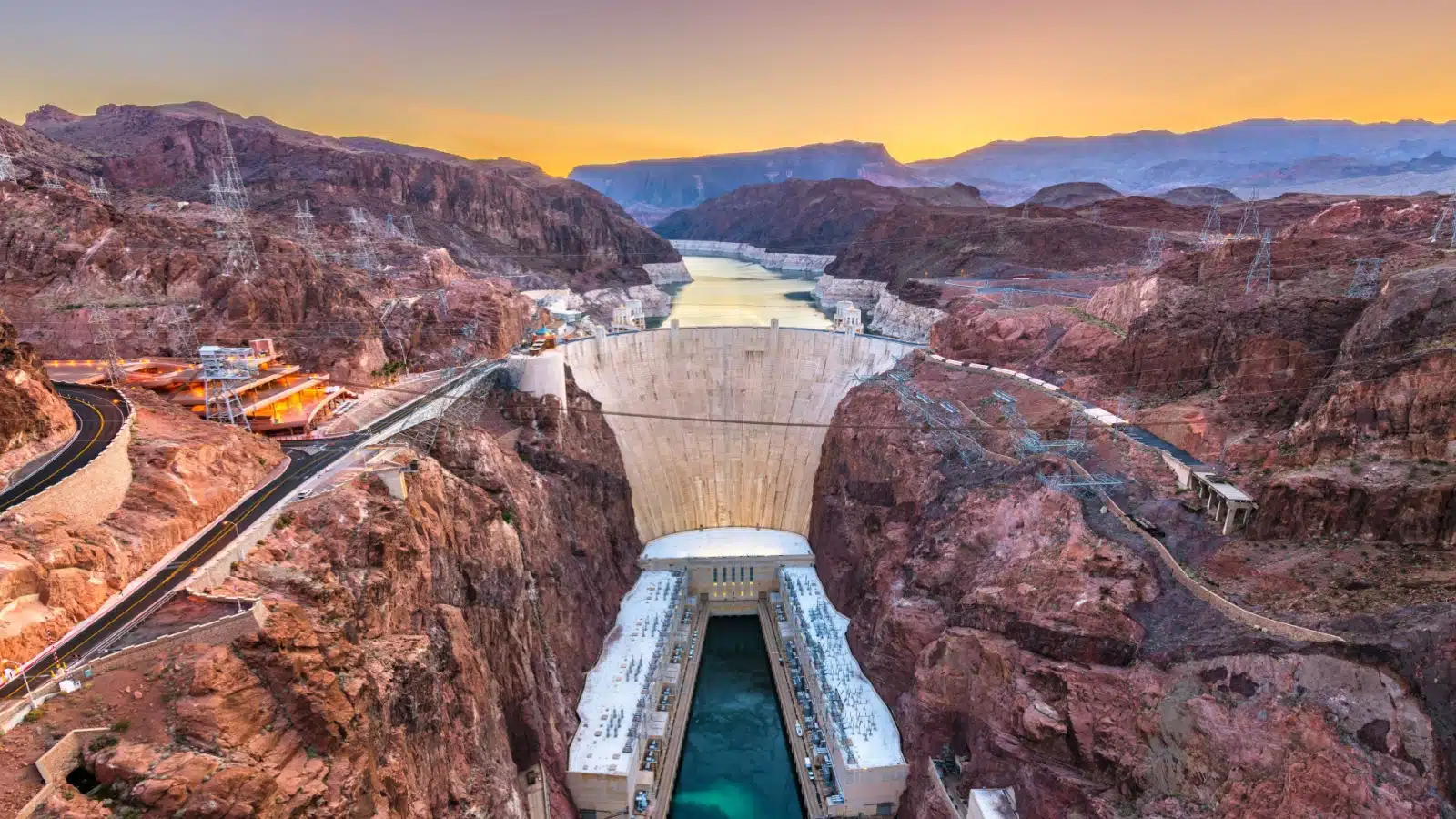 View of the Hoover Dam highlighting its massive scale.