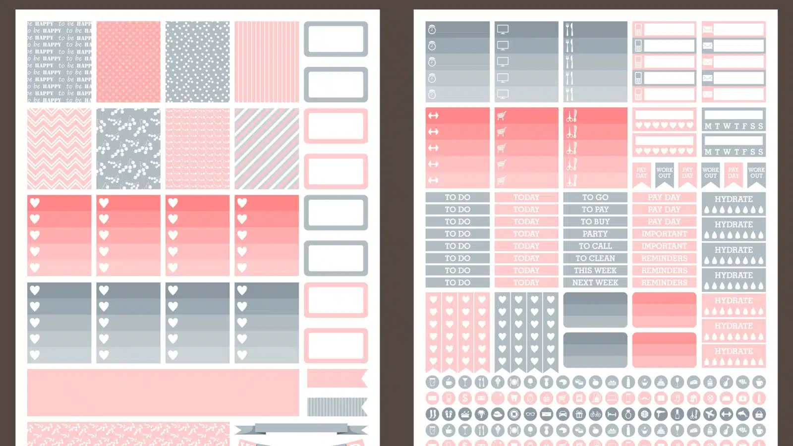 Gray and pink planner stickers.