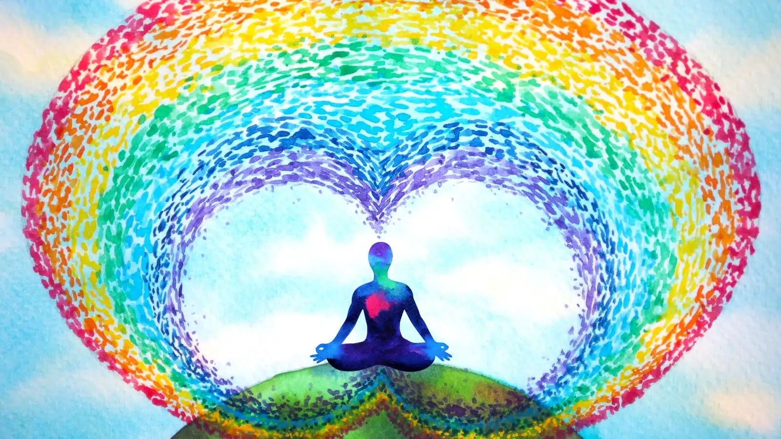 Illustration of a person meditating on the Earth, surrounded with positive spiritual energy.