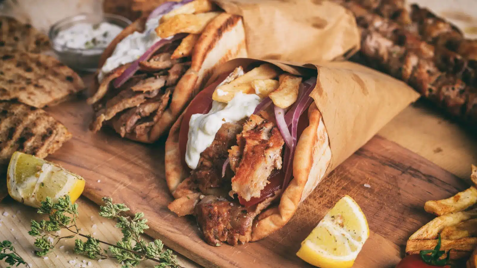 Greek style gyro sandwiches with fries on the inside.