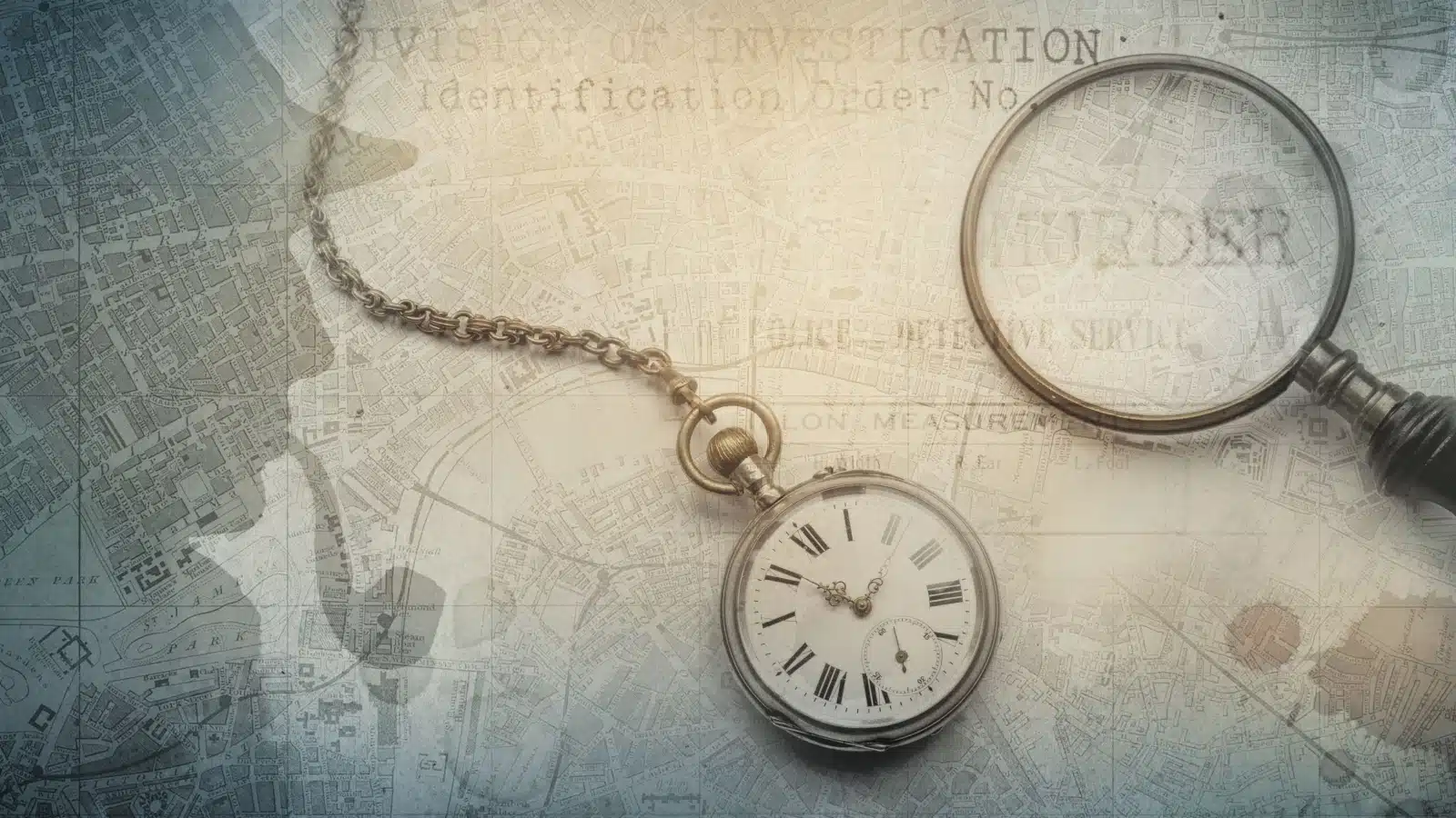 Imagery representing Sherlock Holmes. A pocket watch and magnifying glass rest on parchment, with a shadow of Holmes on it.