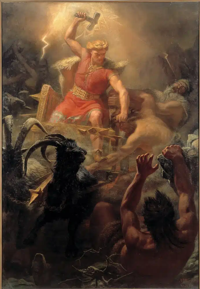 A painting of Thor, Norse God of Thunder, striking down his enemies.