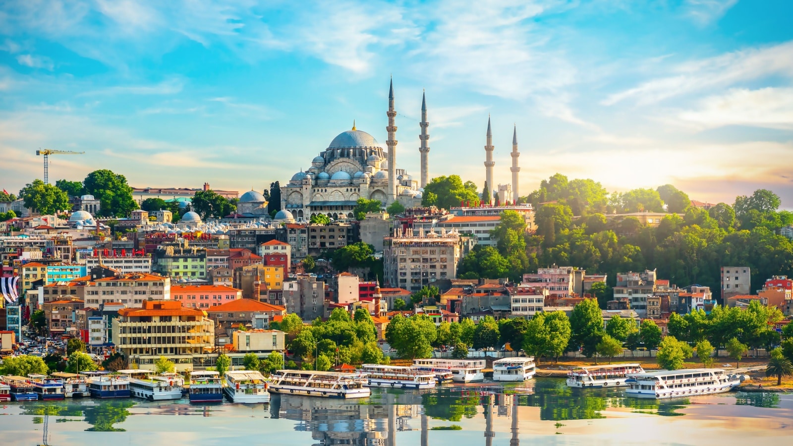A beautiful day highlighting the lovely Istanbul skyline featuring the Blue Mosque.