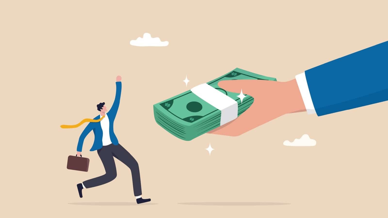 A giant hand gives a happy man a large wad of cash.