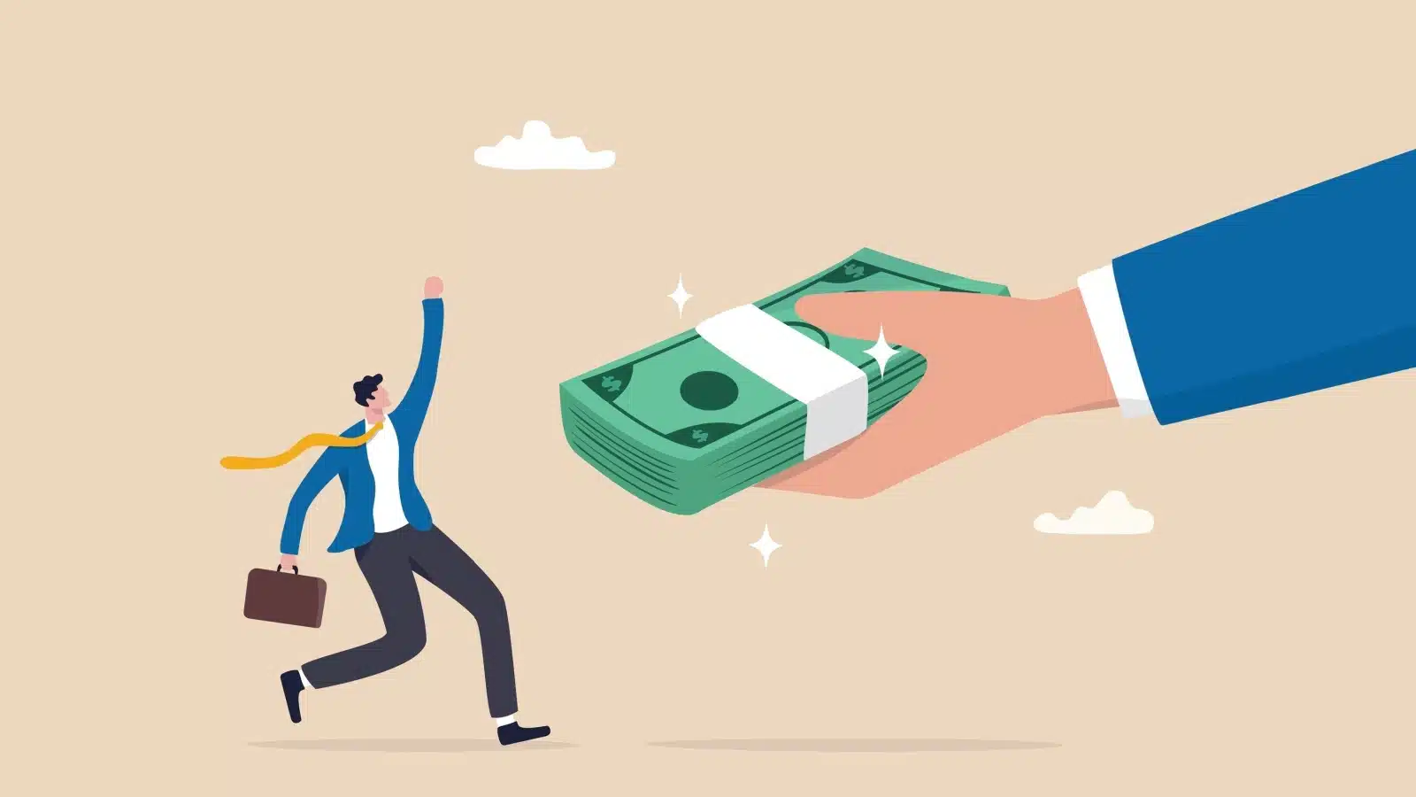 A giant hand gives a happy man a large wad of cash.