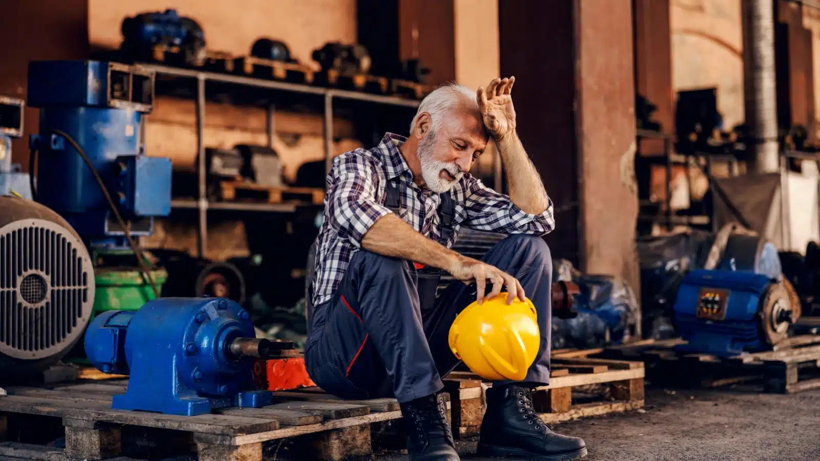 A tired old man sits on a pallet while working in a factor, to represent that people no longer believe working hard is the key to success.