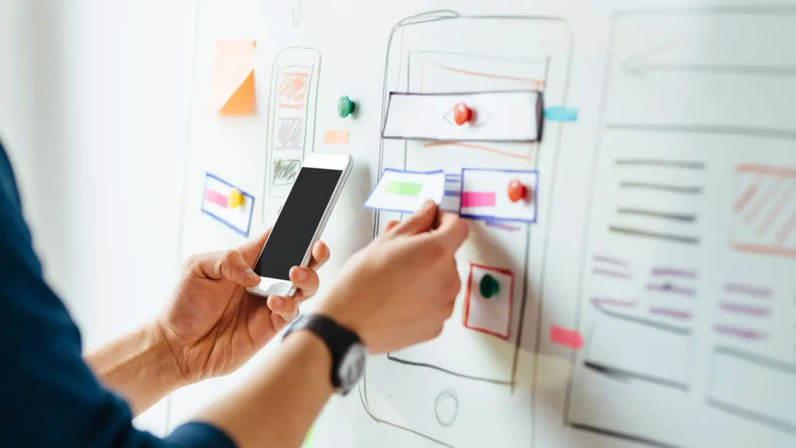 Someone designing a cell phone ap with a white board.