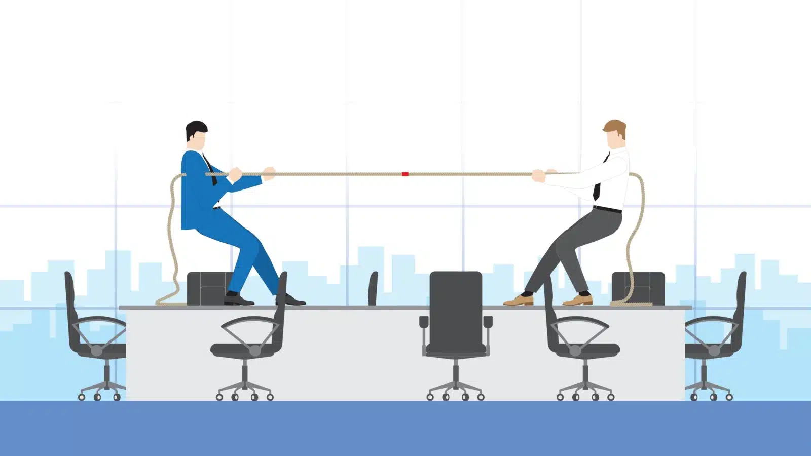 A boss and an employee play tug of war on top of a conference room desk to highlight the endless struggle between labor and mangement.