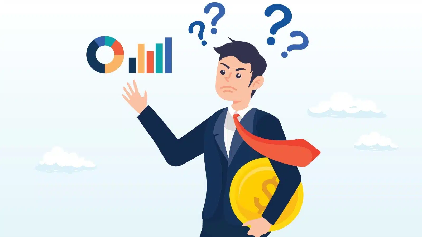 Illustration of a confused looking businessman holding money while looking at an investment chart to represent bad investments for beginners.