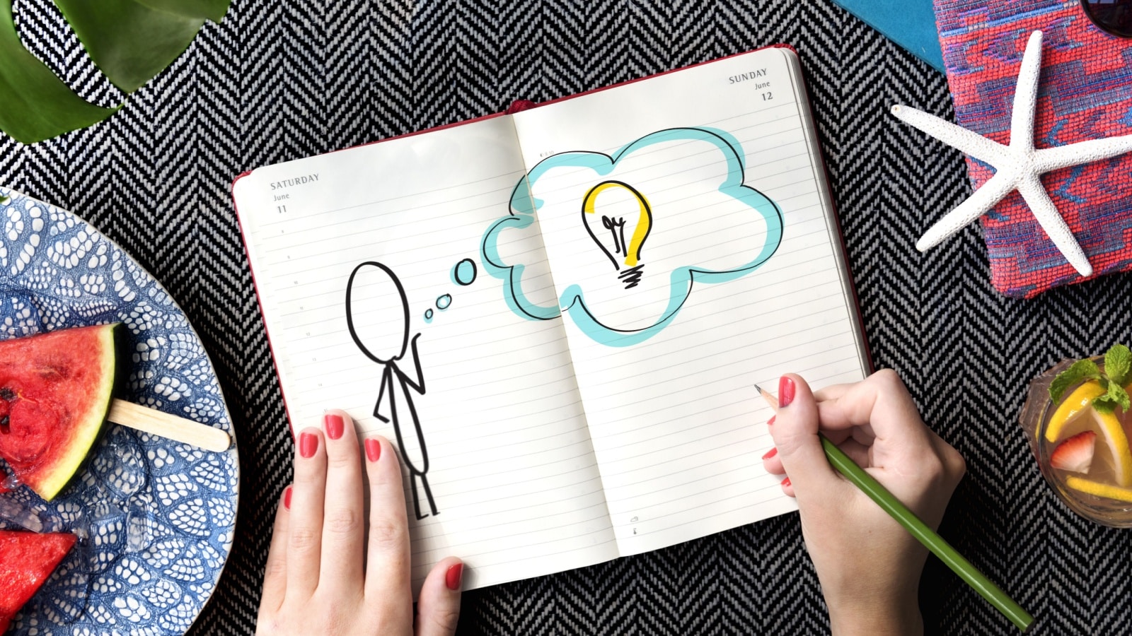 Sketch of a thinking person with a light bulb to represent creative journal ideas.