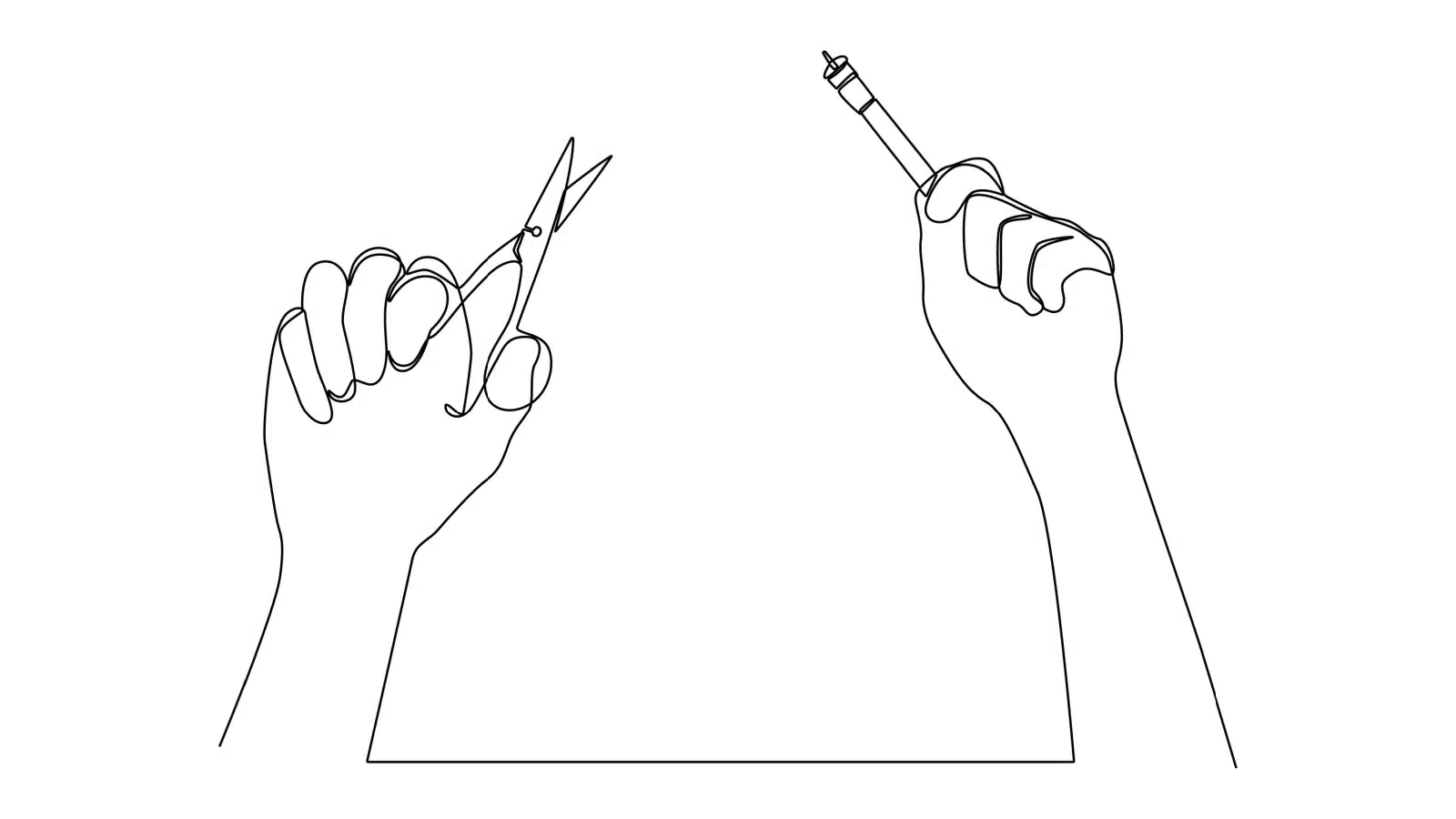 A simple illustration of hands holding scissors getting ready to cut the cable cord, illustrating that the best way to cut cables costs is to cut the cord.