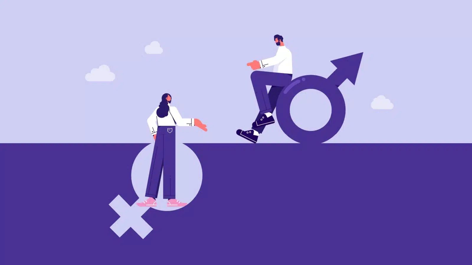 Concept art depicting gender inequality. A man sits above ground on the universal male symbol, while a woman on the universal female symbol is below ground.