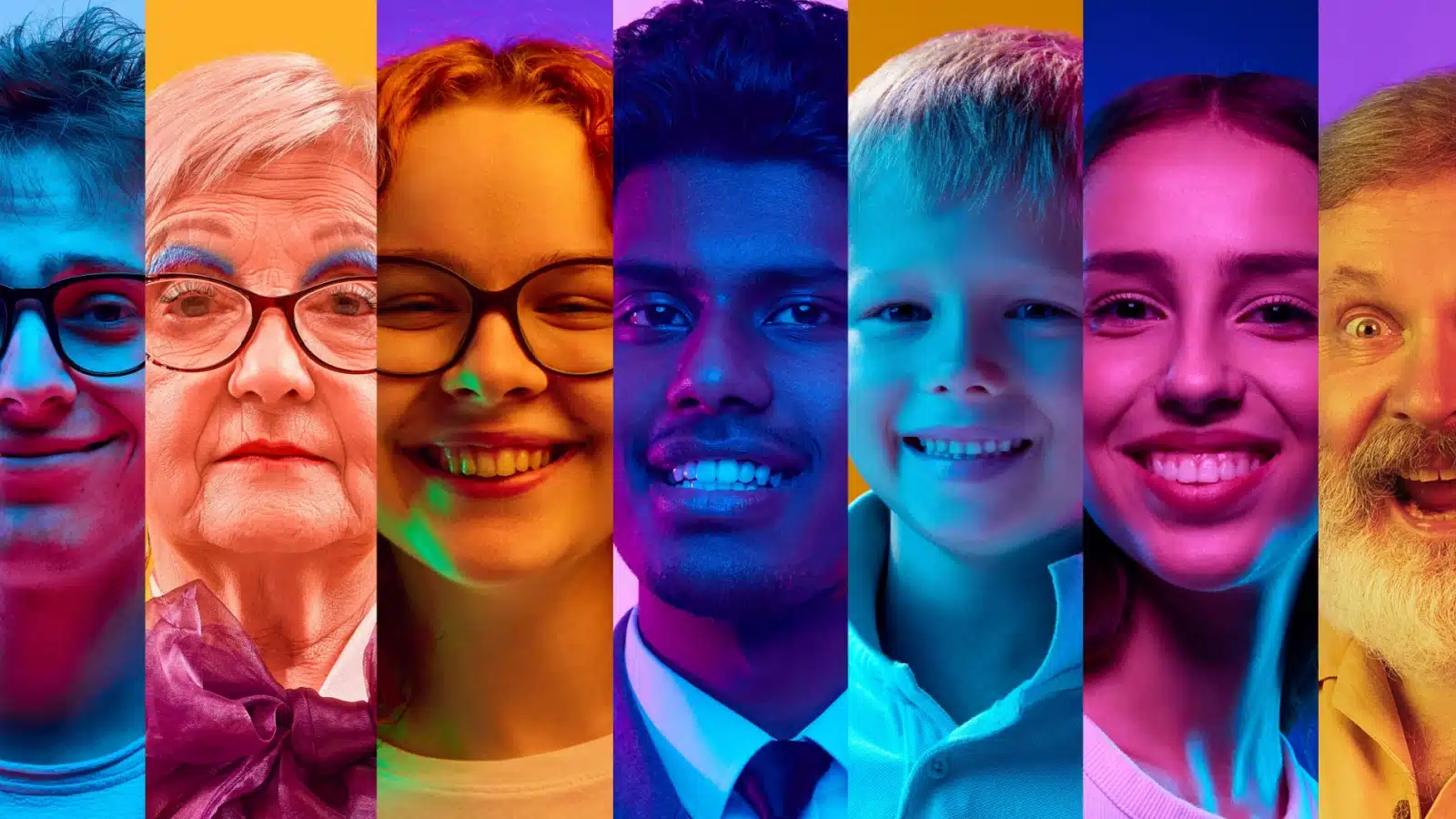 Seven close up portraits of happy smiling people side by side in a vibrant, bright collage.