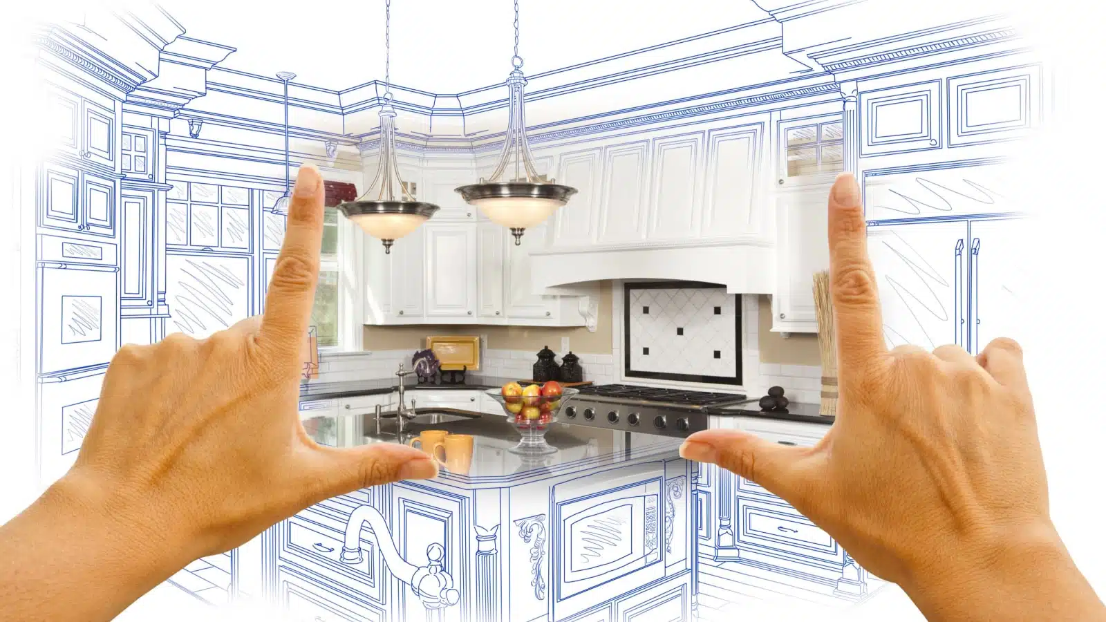 Hands imagining their dream home from a sketch.