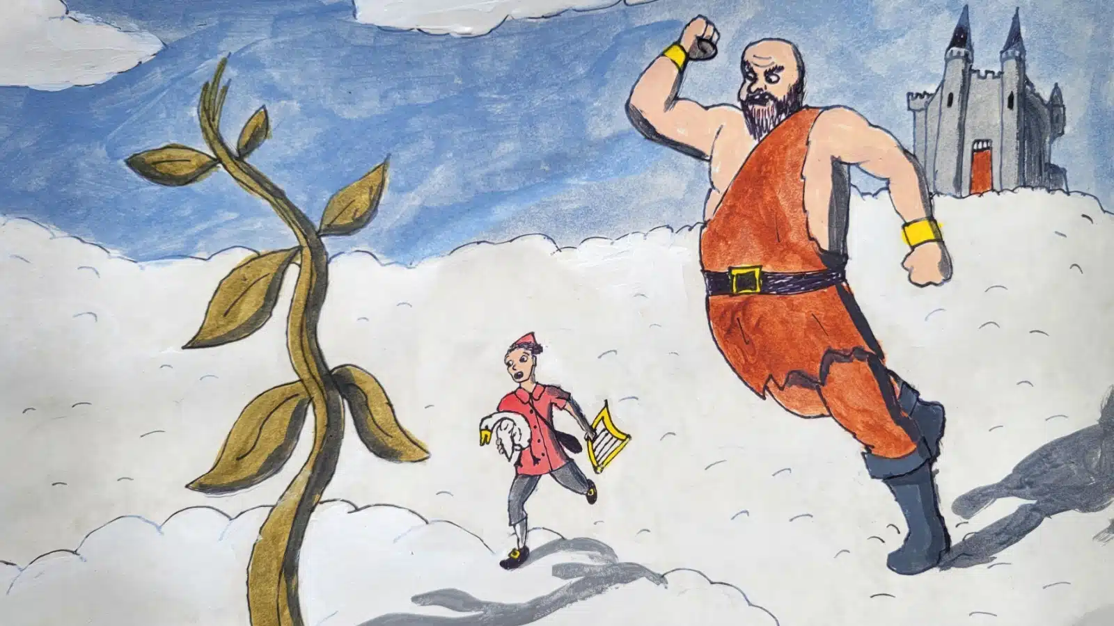 illustration of Jack running from the giant in Jack & the Beanstalk. 