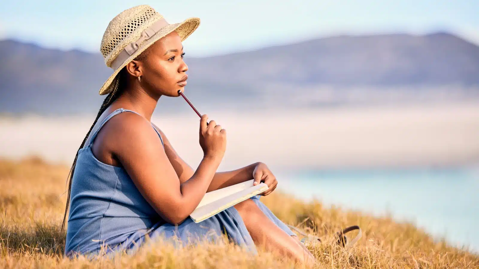 A woman sits outside with her journal, thinking about what to write about, to represent journal ideas.