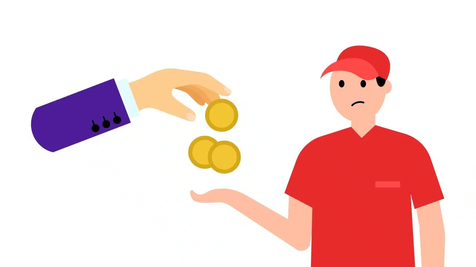 A cartoon showing a sad worker receiving his paltry minimum wage payment.