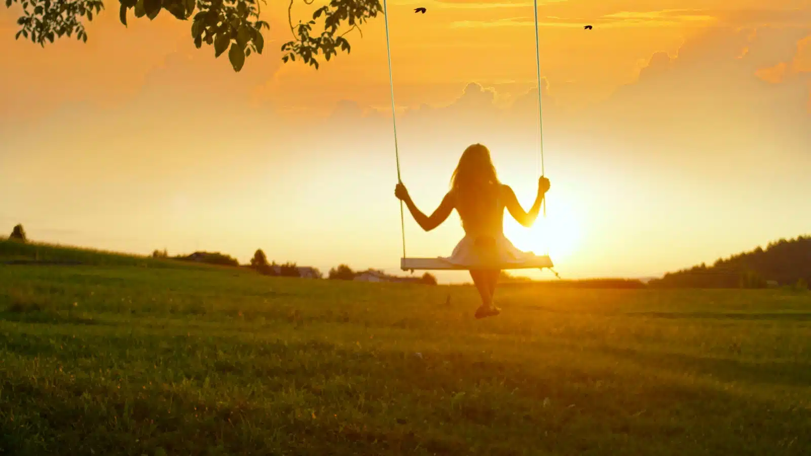 A woman sits on a swing at sunrise.