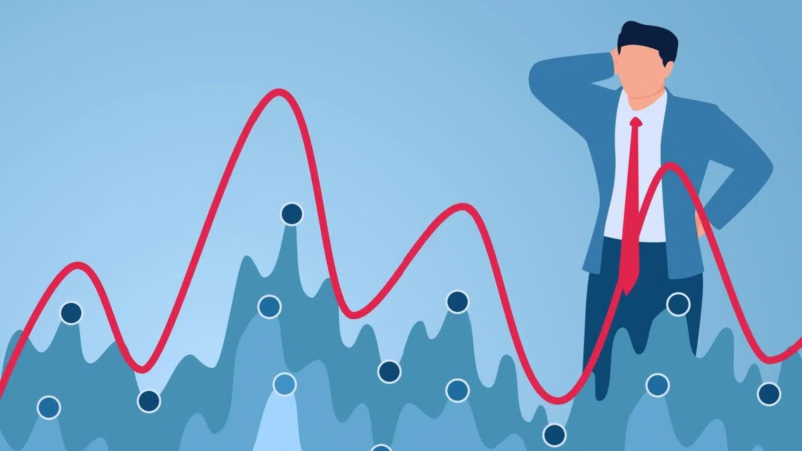 Graphic showing a businessman watching a stock chart go up and down, to represent realized gains and losses vs unrealized gains and losses.