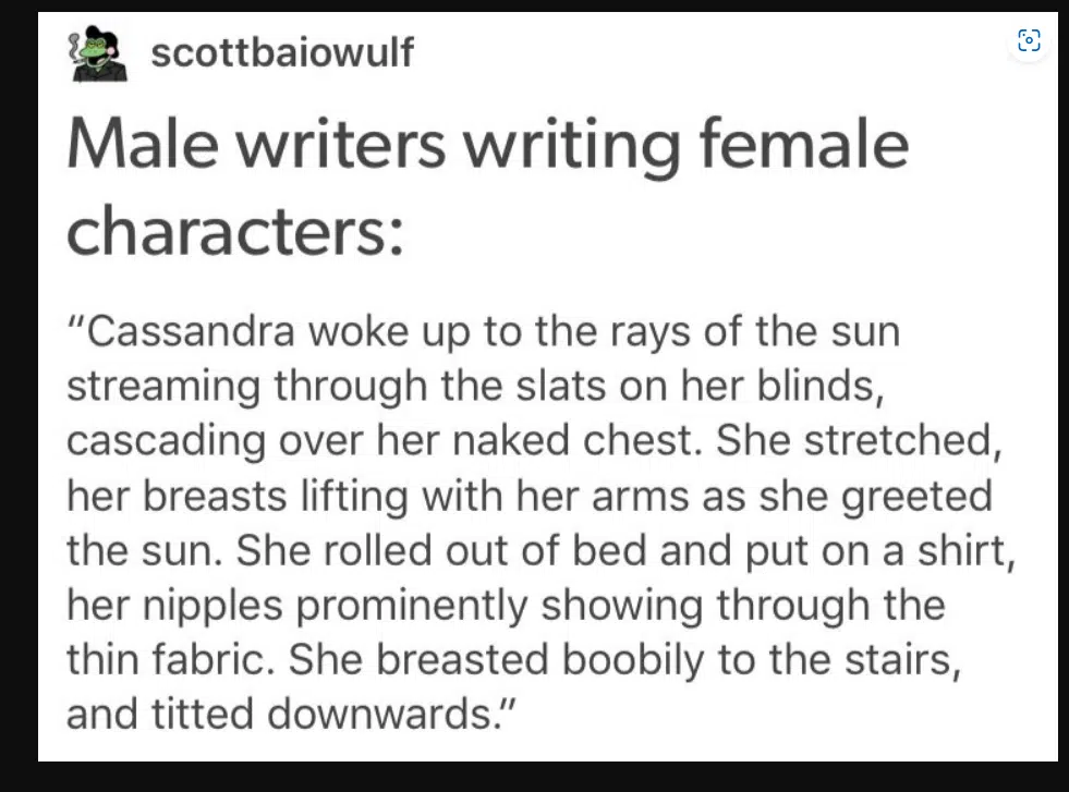 Screenshot of the satirical men writing women fail "she breasted boobily"