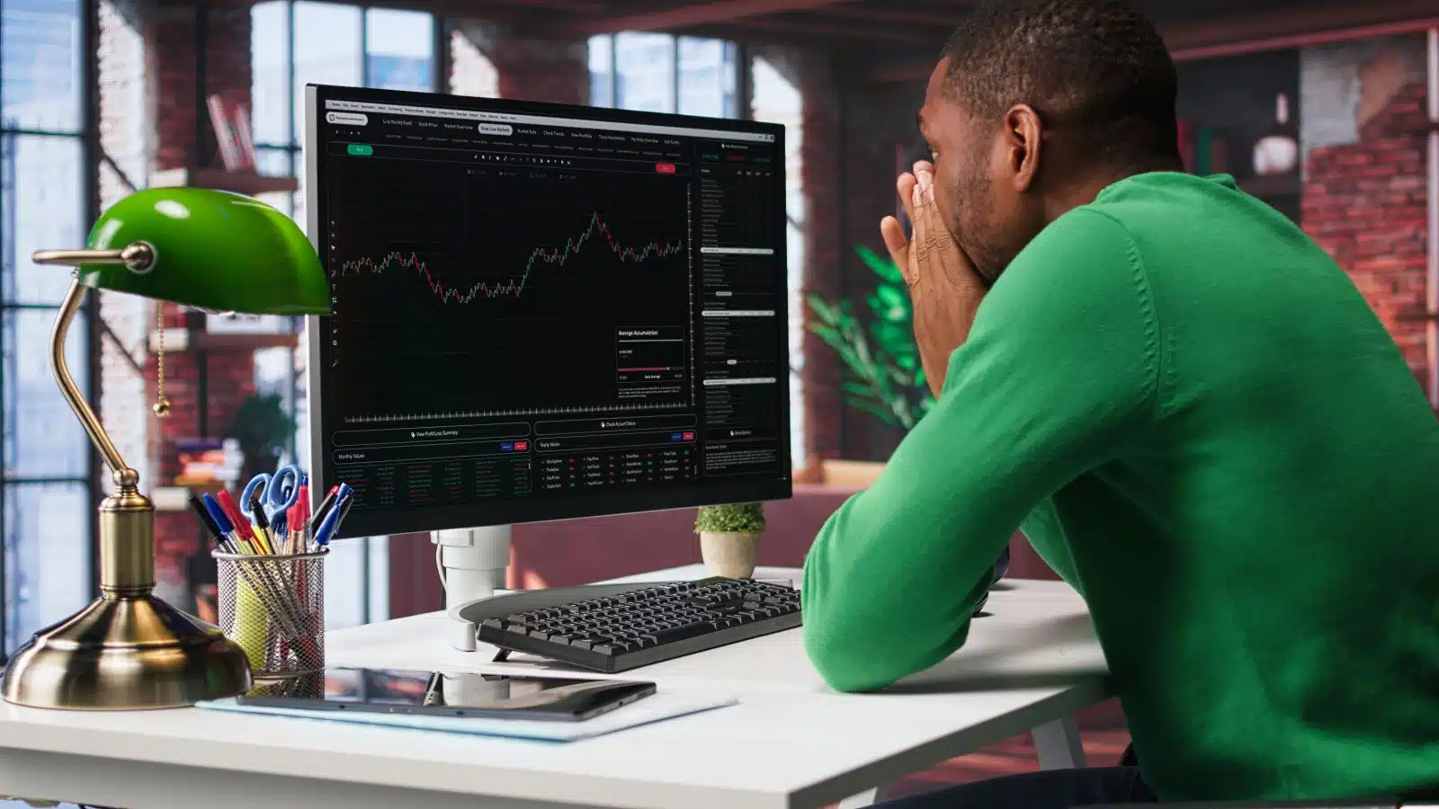 A worried man looks at stock charts, to represent unrealized vs realized gains and losses.