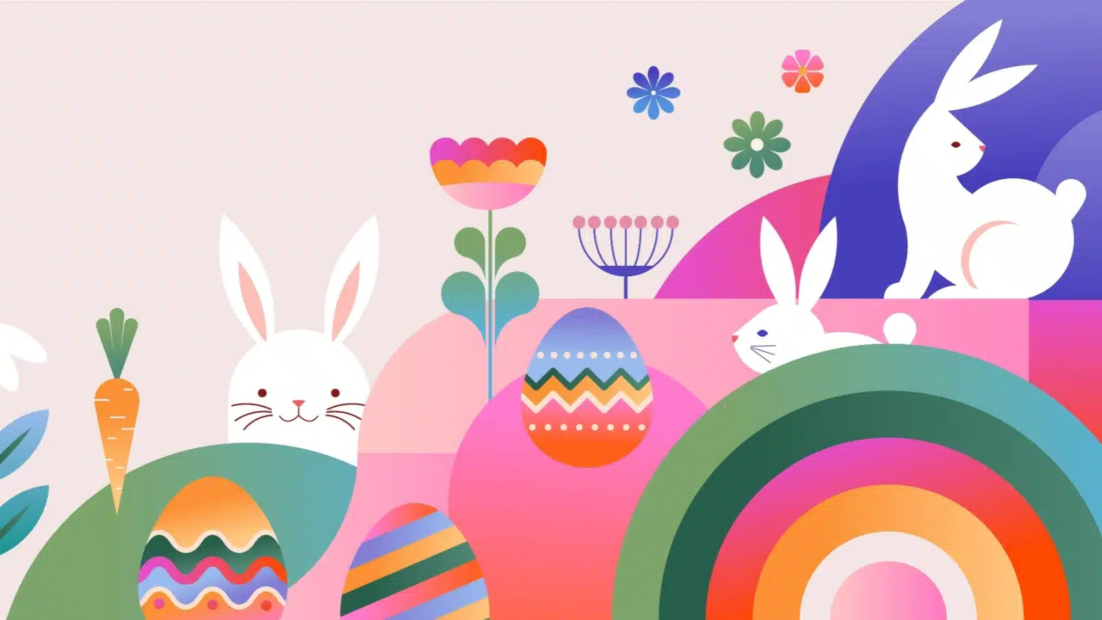 A colorful illustration featuring bunnies, Easter eggs, flowers, and other spring holiday motifs.