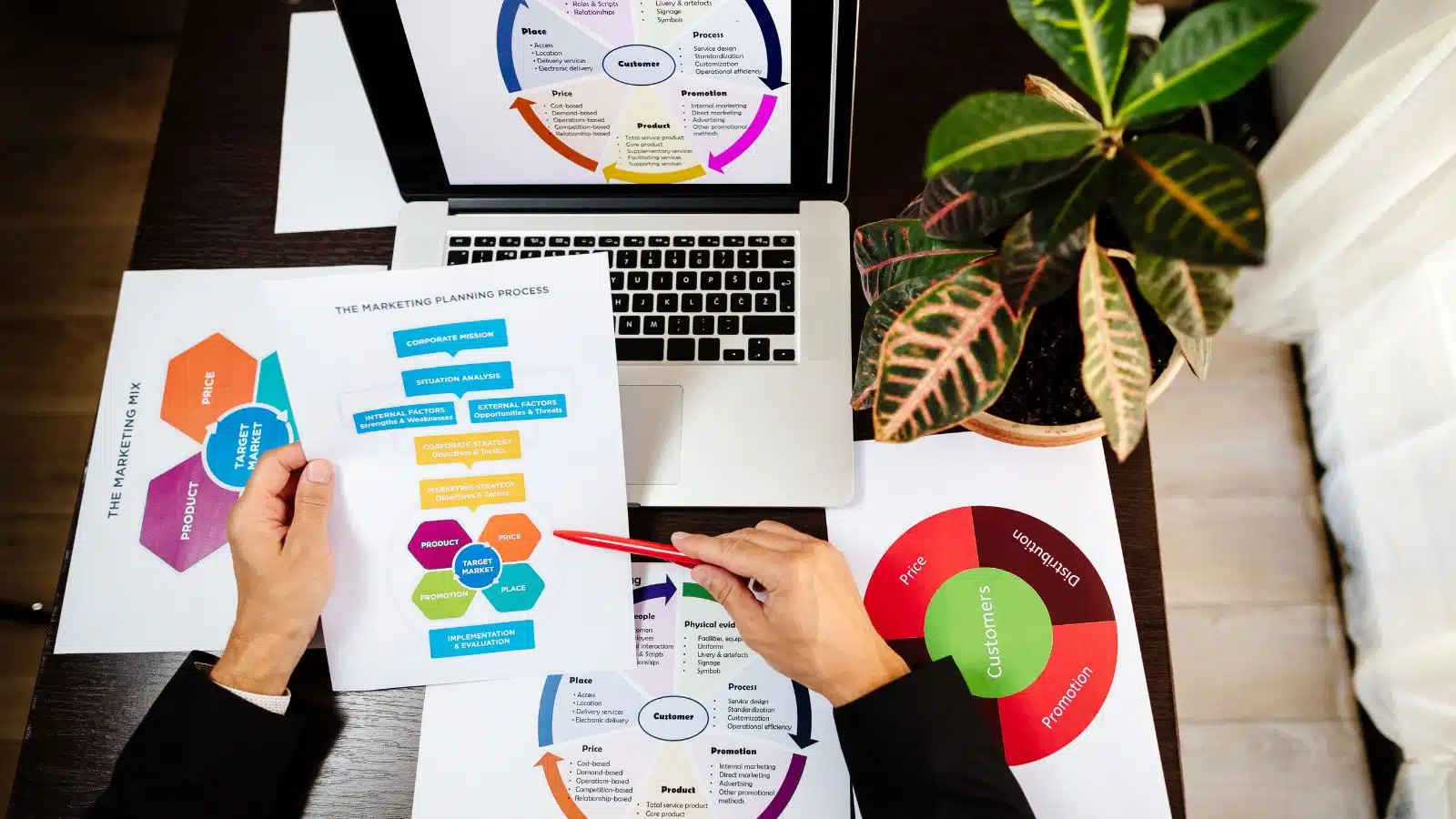 A person examining their business goals with charts. 