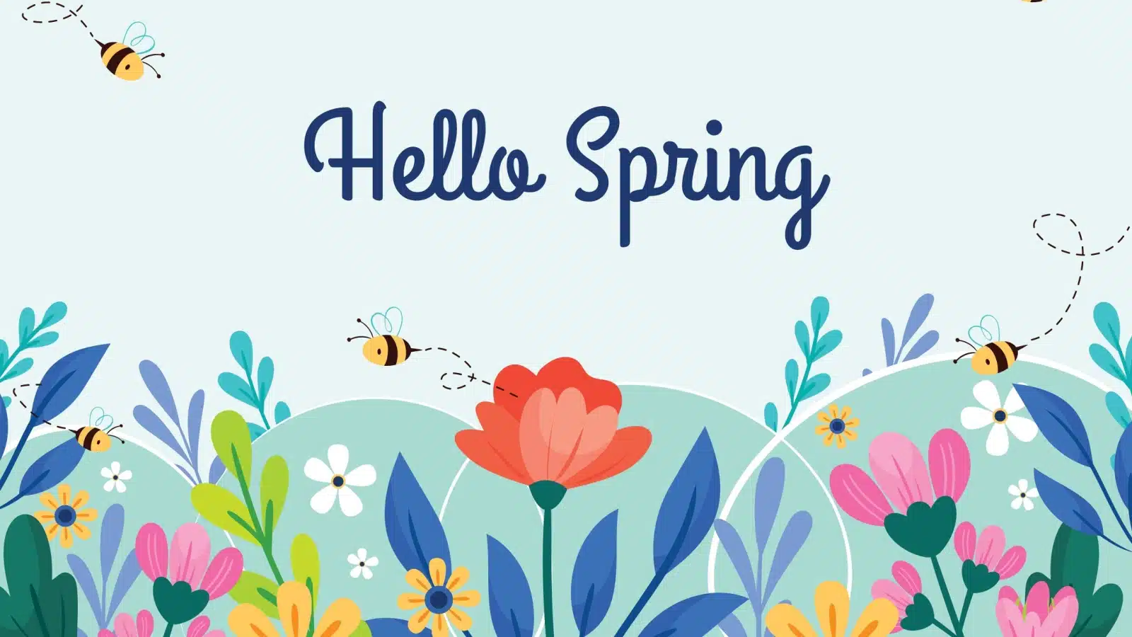 A colorful illustration featuring bright spring flowers and bees that says "Hello Spring."
