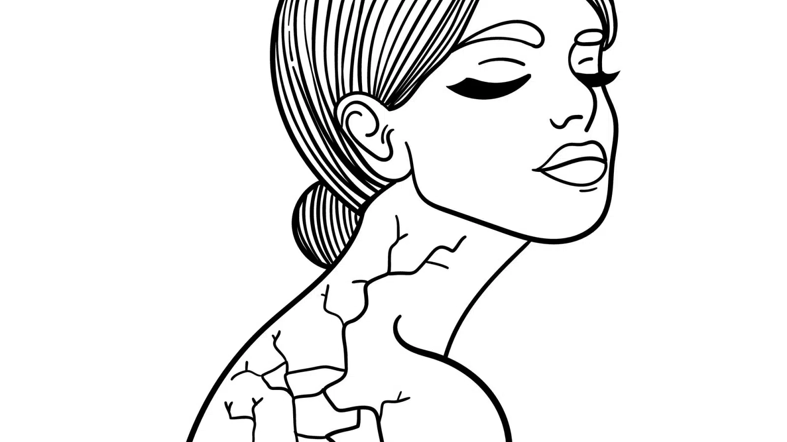 Drawing of a woman proudly showing all the cracks on her back and neck, to represent kintsugi's symbolism of highlighting our flaws.