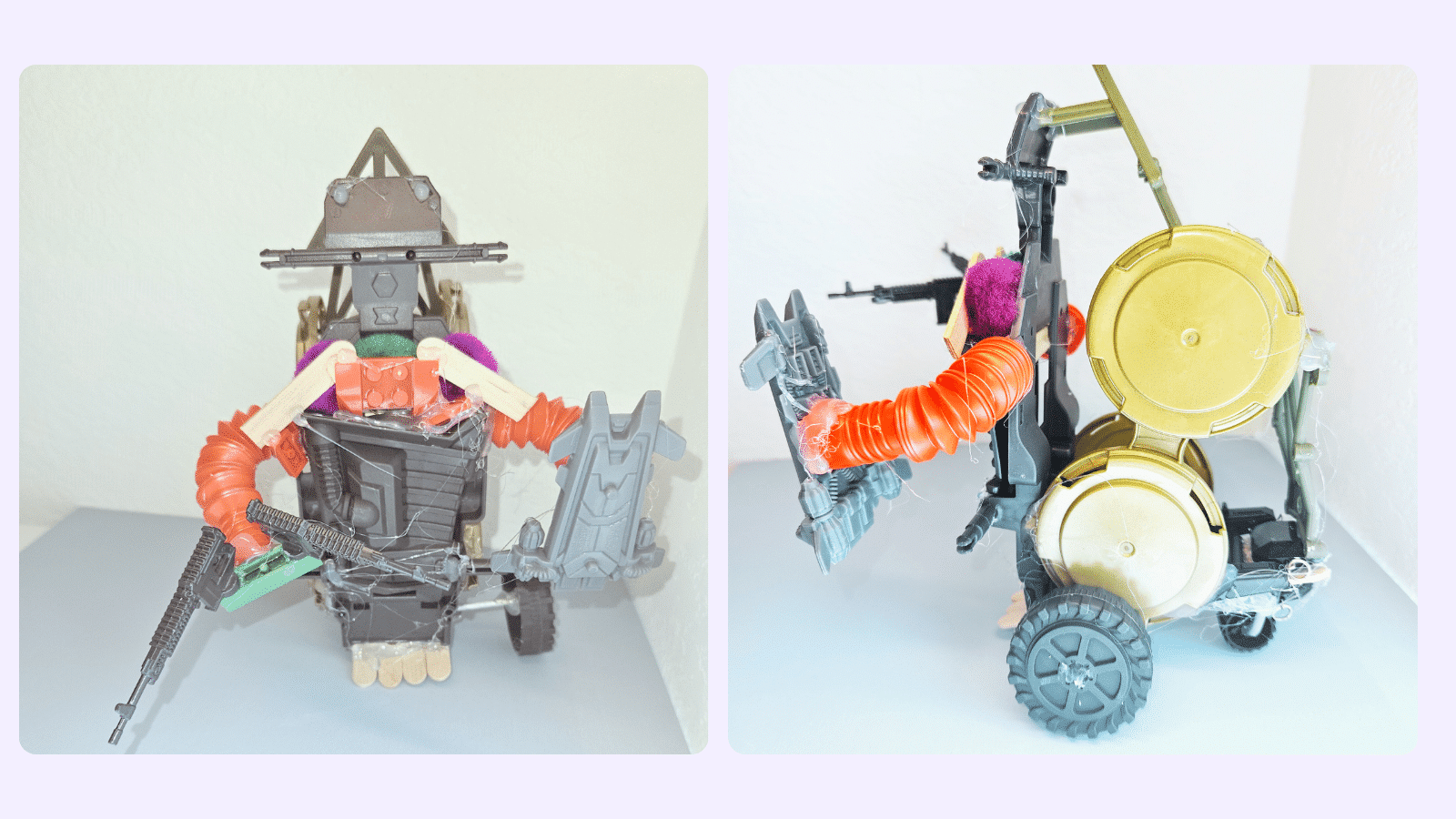 Kitbashing in progress: An action figure made from dollar store goods and recycled materials that hasn't been painted yet.