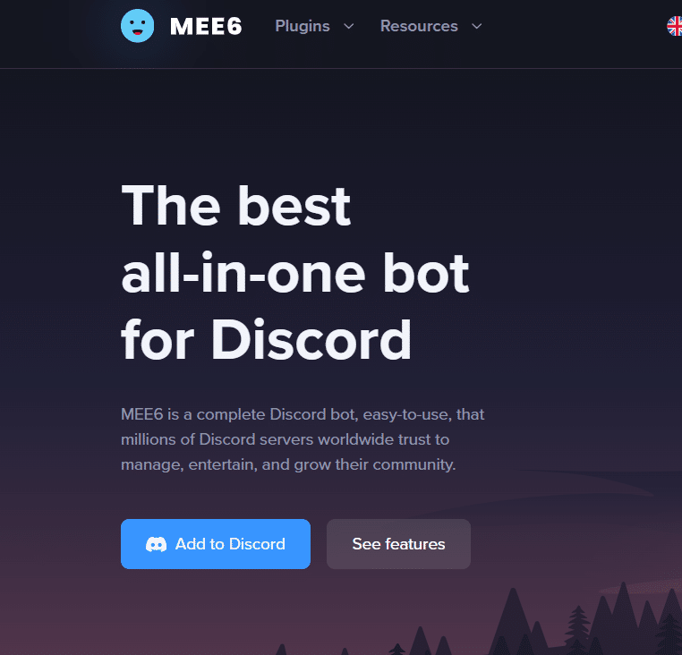 Screenshot from MEE6 showing the pop up to add MEE6 to your server. The message reads "the best all-in-one bot for Discord" and has a blue button you must click to add it to your server.