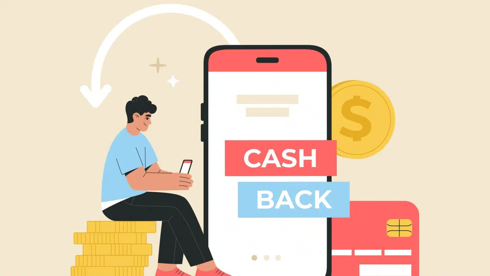 Graphic of a man sitting on a pile of coins earning money from a cashback app.