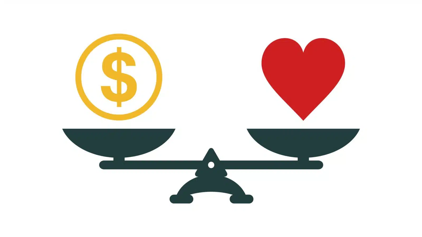 Graphic featuring a scale weighing a dollar sign against a heart symbol to represent choosing money over love.