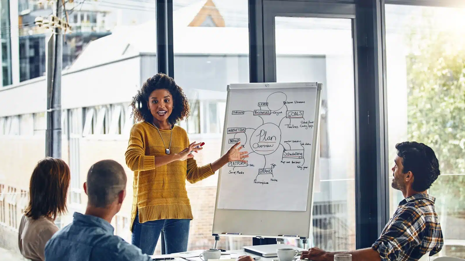 A woman communicates her action plan to her colleagues with a presentation.